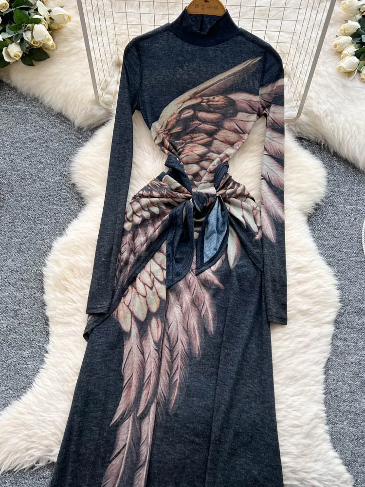 Cravatta retrò in vita lunga stampa Sve Dr coreano Sle a vita alta A-Line Midi Dr per le donne Summer Commute Faion