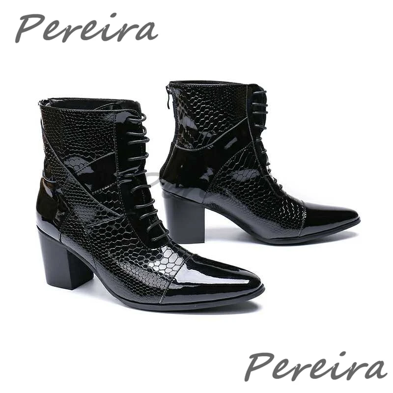 

Trendy Black Patent Leather Snake Patterned Men's Boots British Style Pointy Toe Back Zipper 6CM High Heel Chelsea Booties