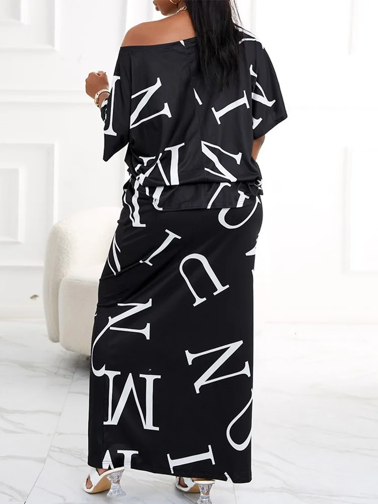 Plus Size Letter Print Skew Neck T-shirt & Skirt Set