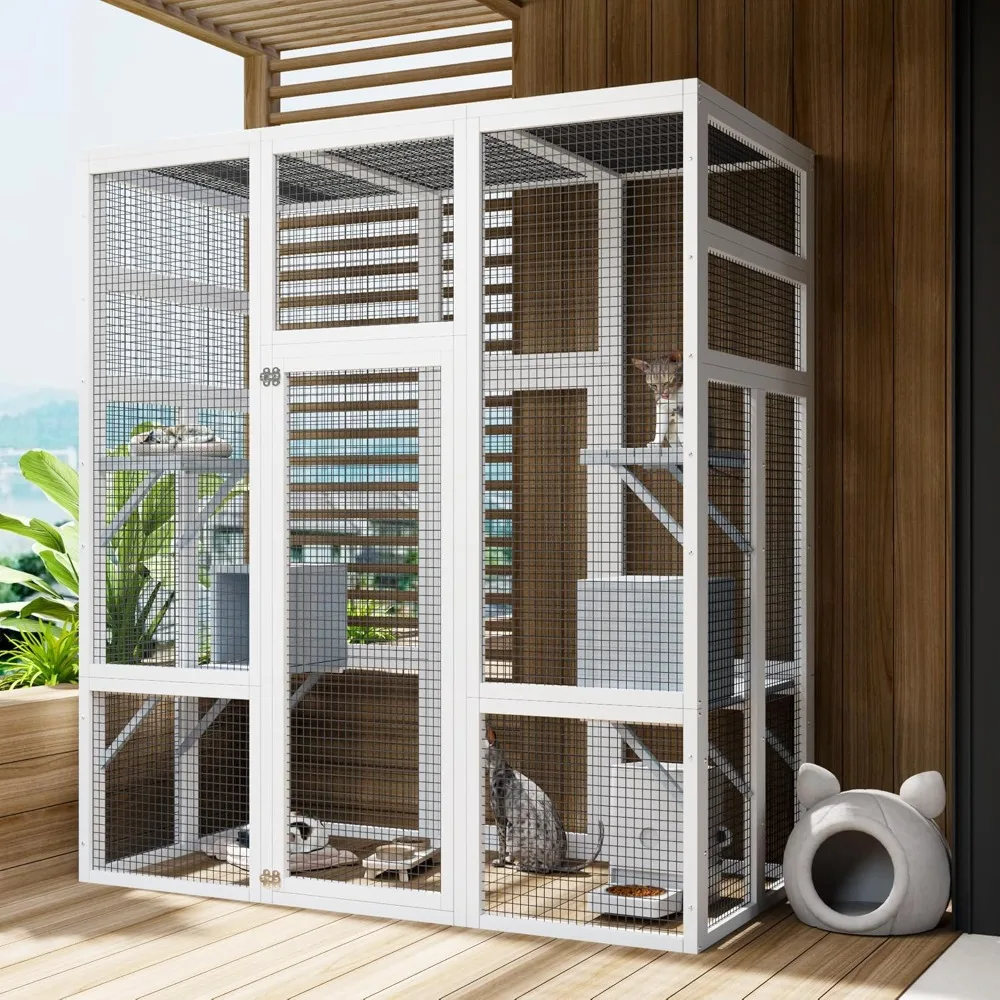 

Catio Outdoor Cat Enclosure Large Cat House for Mulitiple Cats Walk in Cat Cage, Wooden Cat Playen Catio with 2 Napping Houses &