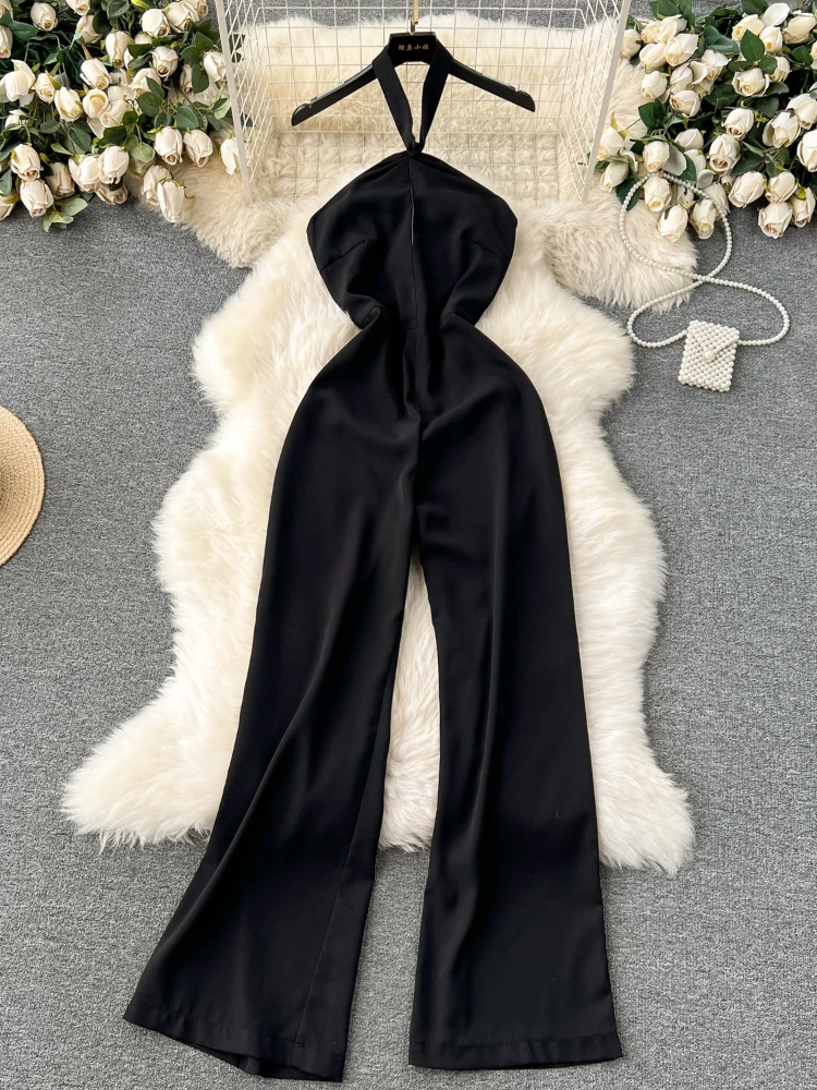 

Women Sexy Hanging Neck Jumpsuit Summer Slim Strapless Backless Wide Leg Pants Black Playsuits Ladies Slim High Waisted Romper