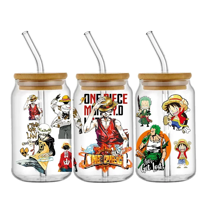 Personalisieren Sie Japan Anime UV DTF Cup Wrap Transfer Aufkleber Cartoon Luffy für 16OZ Glasdose selbstklebende wasserdichte individuelle Aufkleber