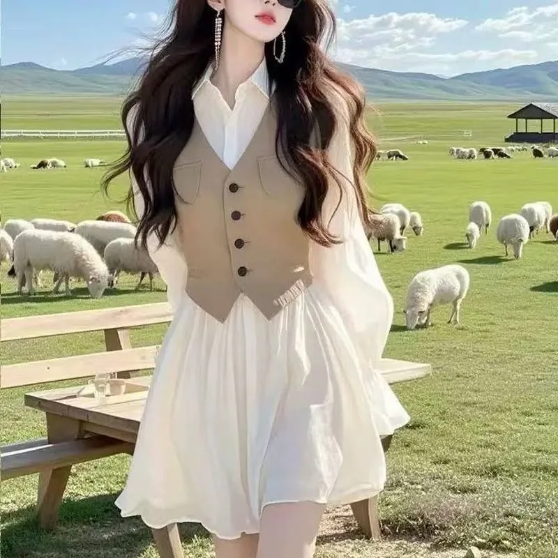 2026 Autumn Elegant Shirt Dress, Stunning New French Style, Patchwork, Faux Two-Piece, Waist-Cinching, Slimming Dress