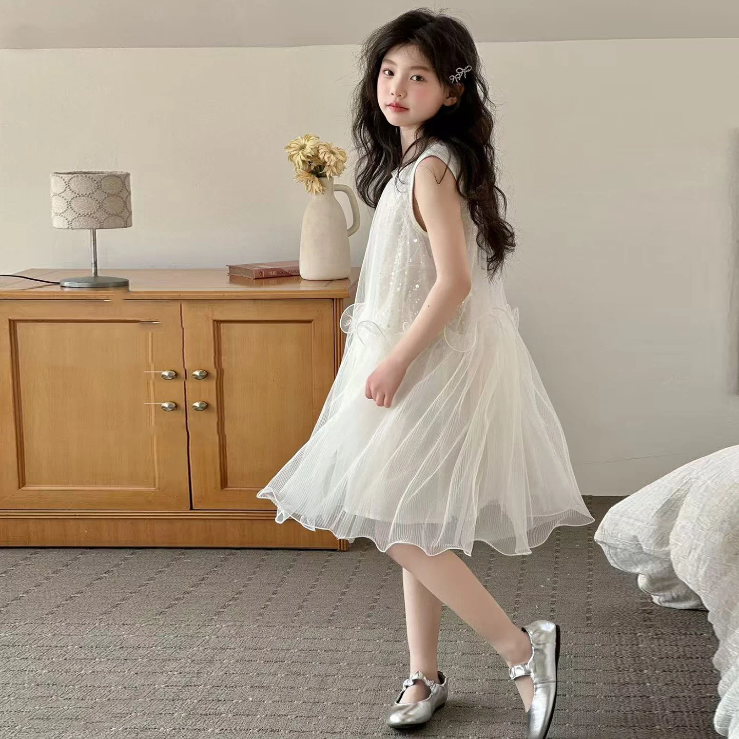 Kids Dresses For Girls White Tulle Sequin Pearl Neck Ruffle Princess Dresses Elegant Birthday Party Wedding Pageant Kids 6-13 Y