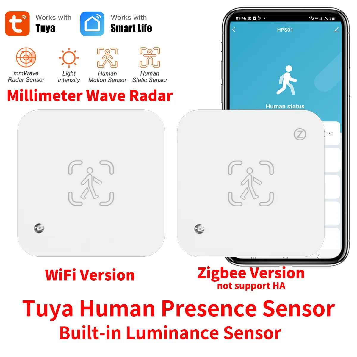 Tuya Zigbee WiFi  Human Presence Sensor MmWave Radar Detector With Luminance Sensor For Smart Home Smart Life replace PIR Sensor