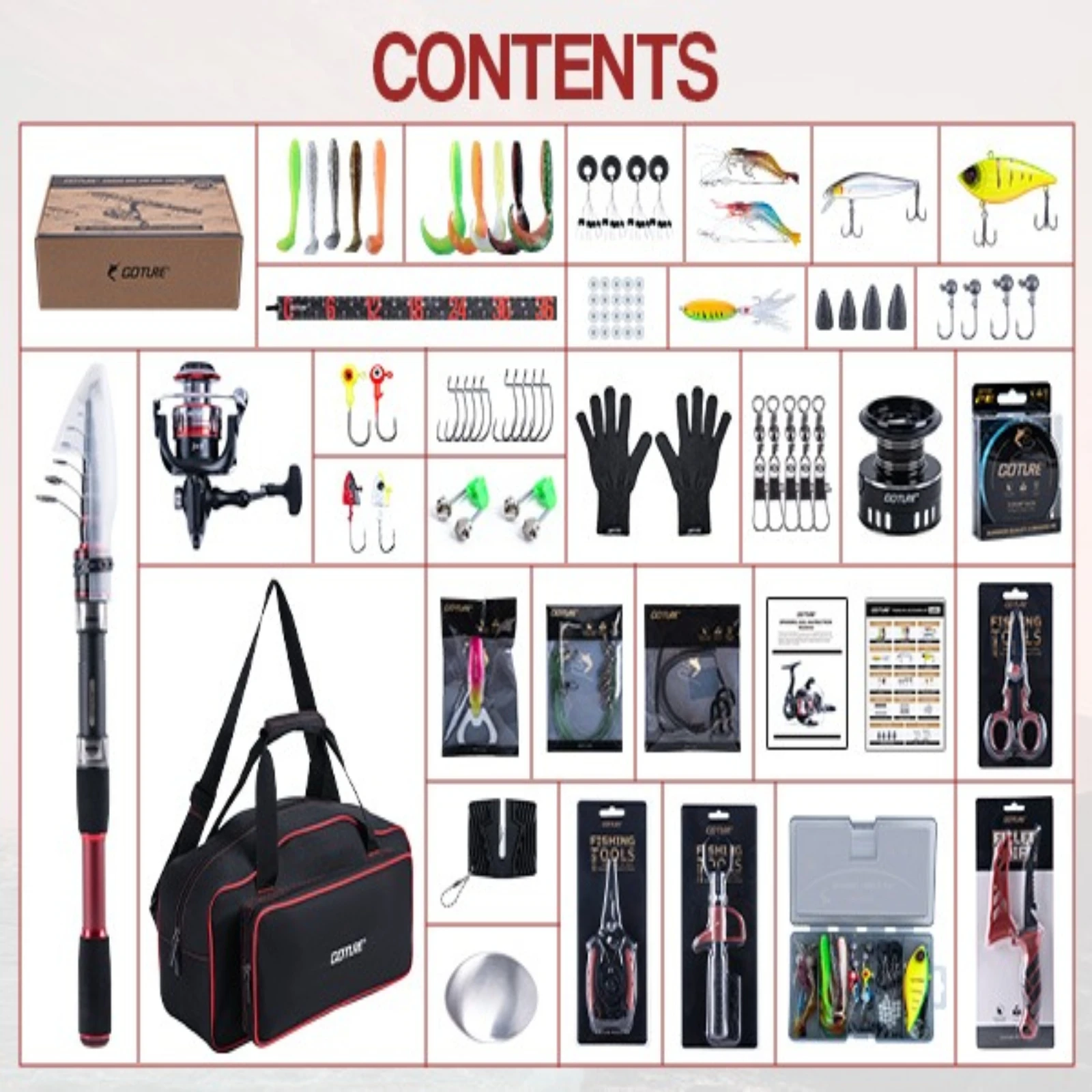 

Набор для начинающих рыболовов Goture: телескопическая удочка, спиннинговая катушка, сумка для хранения, приманки и инструменты для ловли басса и карпа.