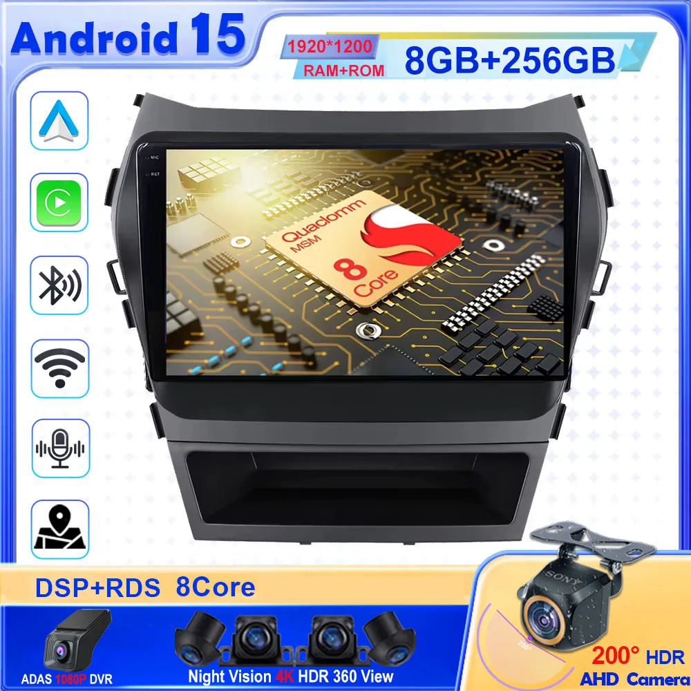 

For Hyundai Santa Fe 3 Grand IX45 2012 - 2017 Android 15 Carplay Car Radio Navigation GPS Multimedia Player WiFi+4G Stereo video