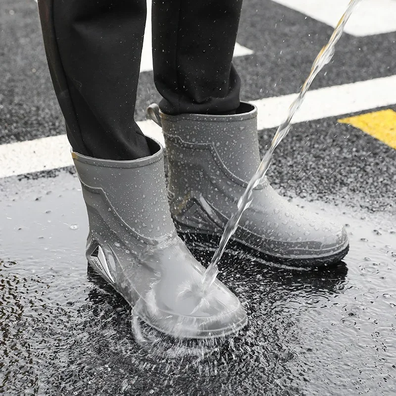 الرجال صوف مبطن مقاوم للماء المضادة للانزلاق في الهواء الطلق أنبوب قصير أحذية ماء الكورية نمط جولة تو المواد البلاستيكية كعب مسطح احذية المطر #4