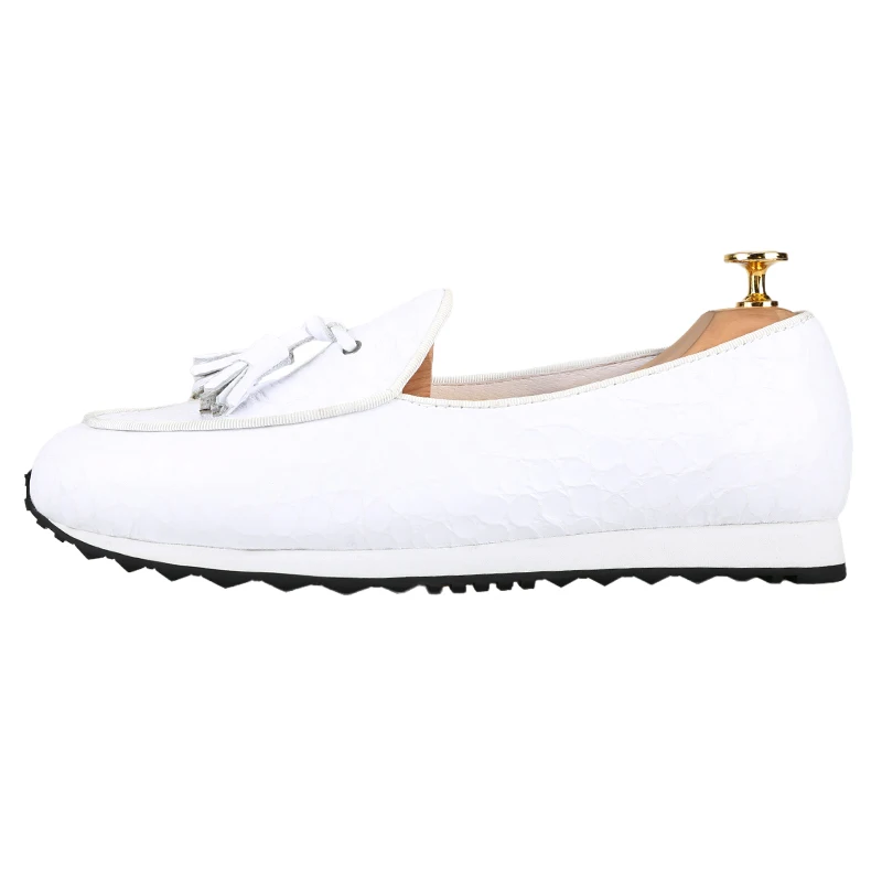 Piergitar White Stone Pattern Leather Men's Clunky Sneaker Handmade Tassels Slip-On Loafers Panda-Colored Non-Slip Rubber Sole
