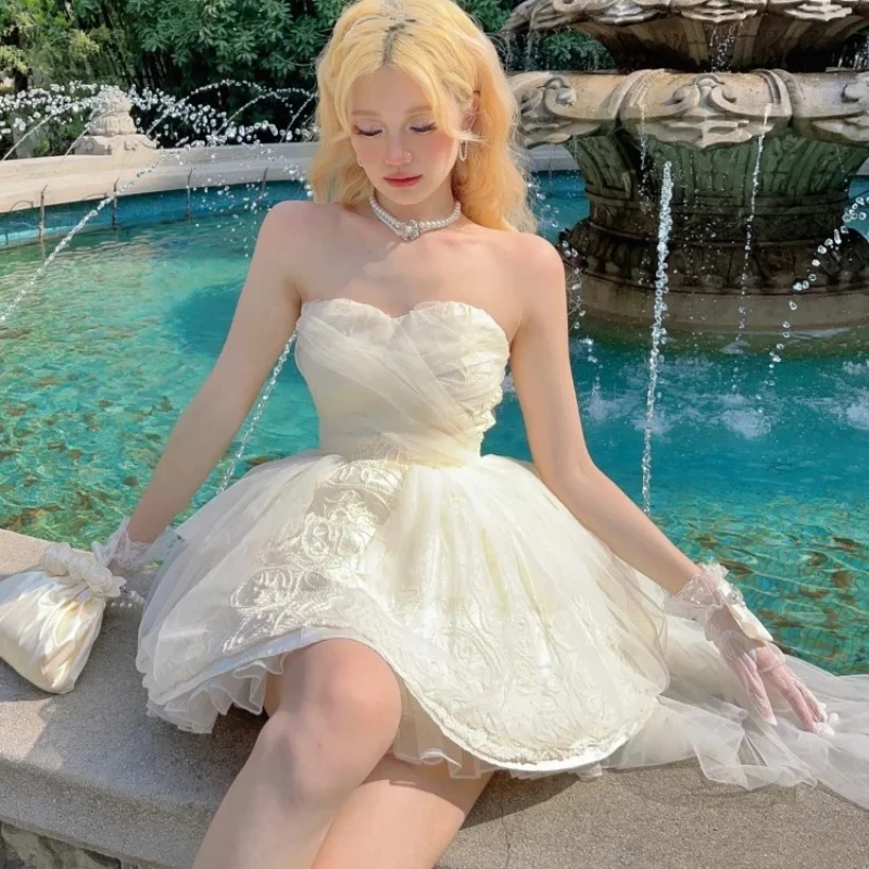 

2025 Sweet Strapless New Slim Waist A-line Dresses Y2k Mesh Patchwork New Dress for Women Summer Fairycore Vestidos dfg4