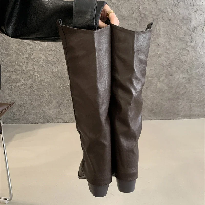 Eilyken Fashion Design Splicing Women Long Knee-High Boots Autumn Winter Pointed Toe Square Low Heels Party Dress Shoes