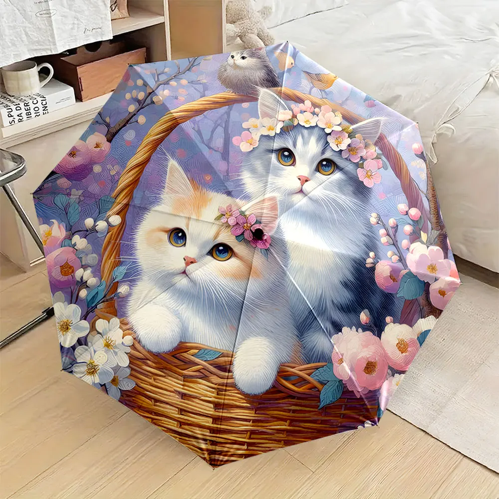 1PC Charming Cat-Themed Umbrella with Flower Basket Design Print 8 Iron Ribs Folding Umbrella Auto-Open Fashion Sunshade
