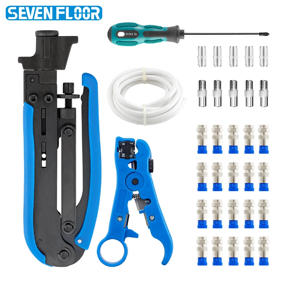 

Coaxial Cable Crimper RG6/11 Pliers Set includes Wire Stripper with 30 Pcs RG6 Connectors,Coaxial Video Cable,Screwdriver