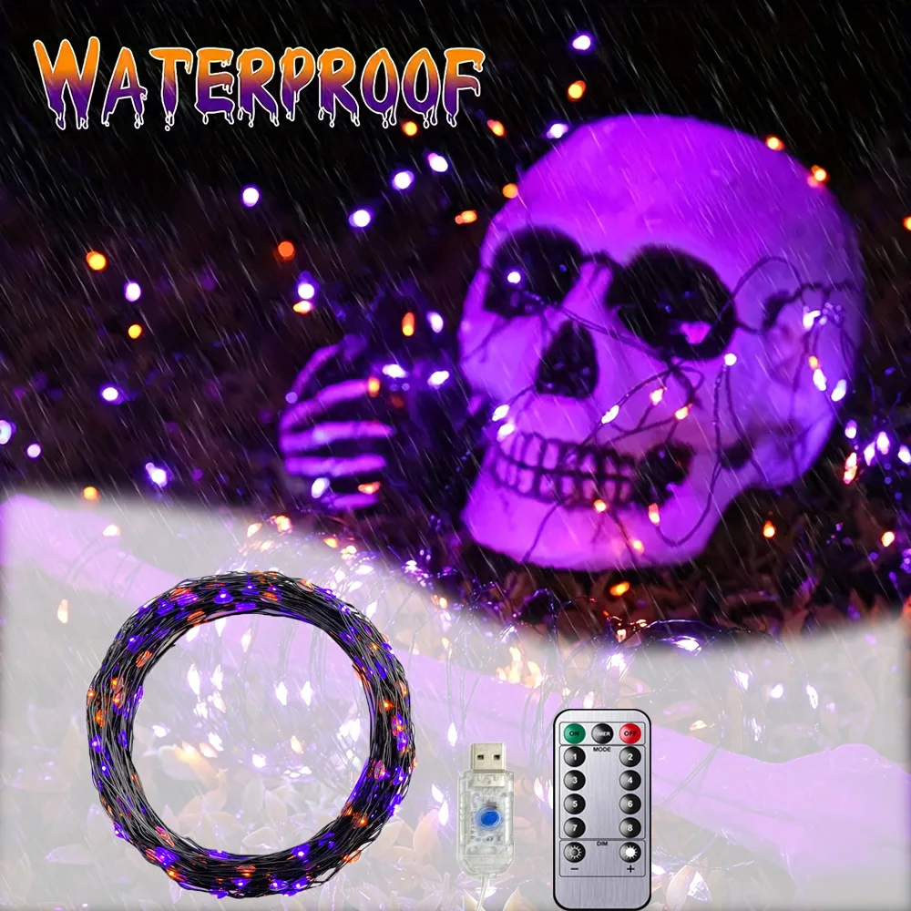 

10/20M LED Orange Purple Black Wire Halloween Garland Outdoor Garden Decoration USB 8 Modes Lighting for Halloween Decorations