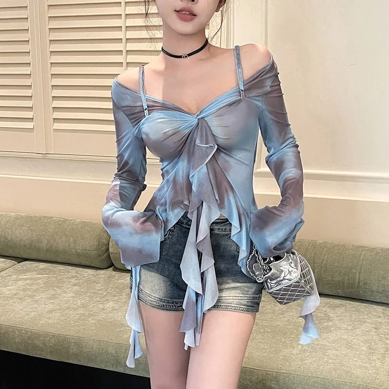 Sweet Mesh Printed Top Sexy Irregular Ribbon Long Sleeve Versatile Coat Perspective One Shoulder Strap Street Trendy Pullover