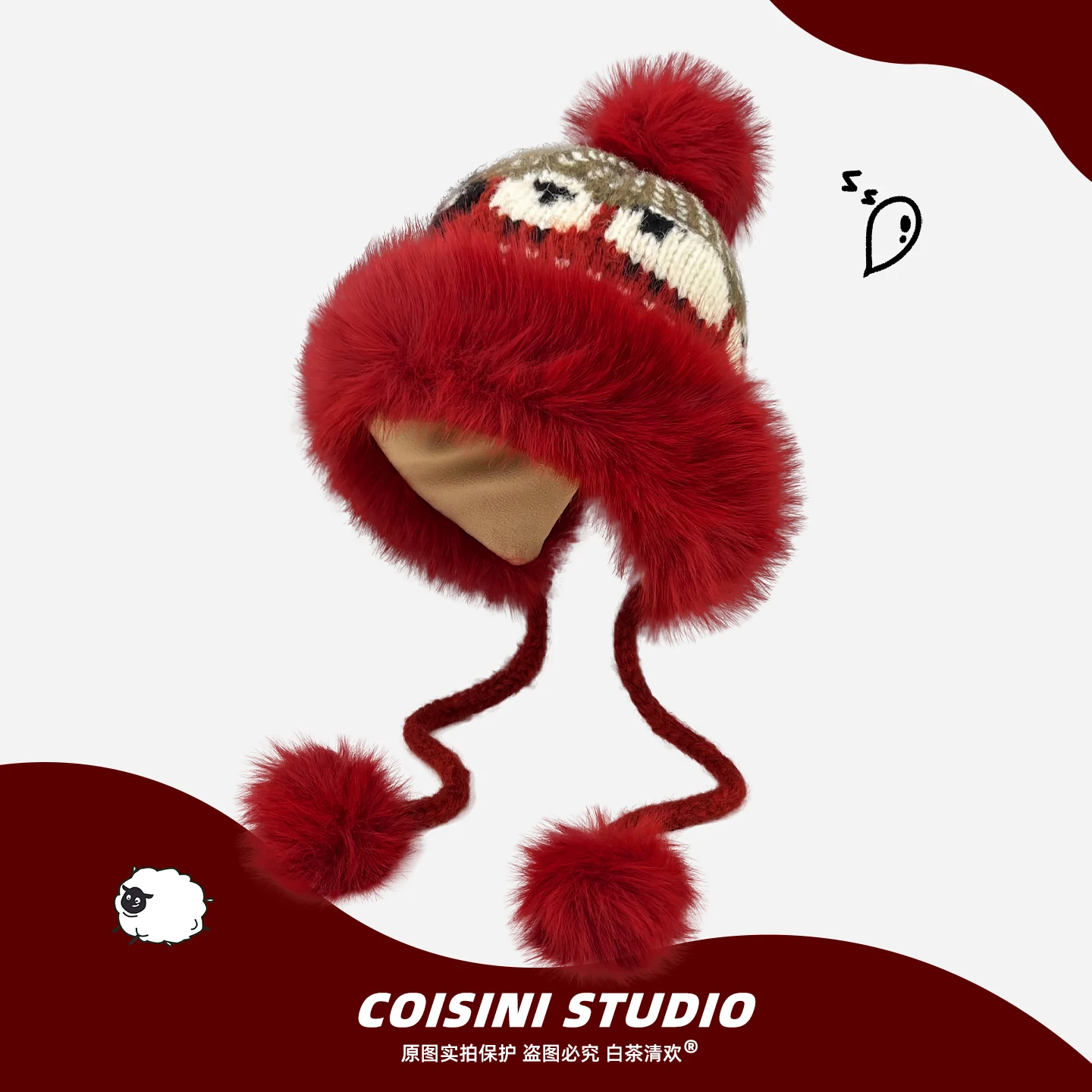 

Japanese Cute Lamb Sheep Cashmere Bomber Hat with Fur Pom Women Winter Thickened Warm Ear Protection Wool Pull Over Beanie Hat