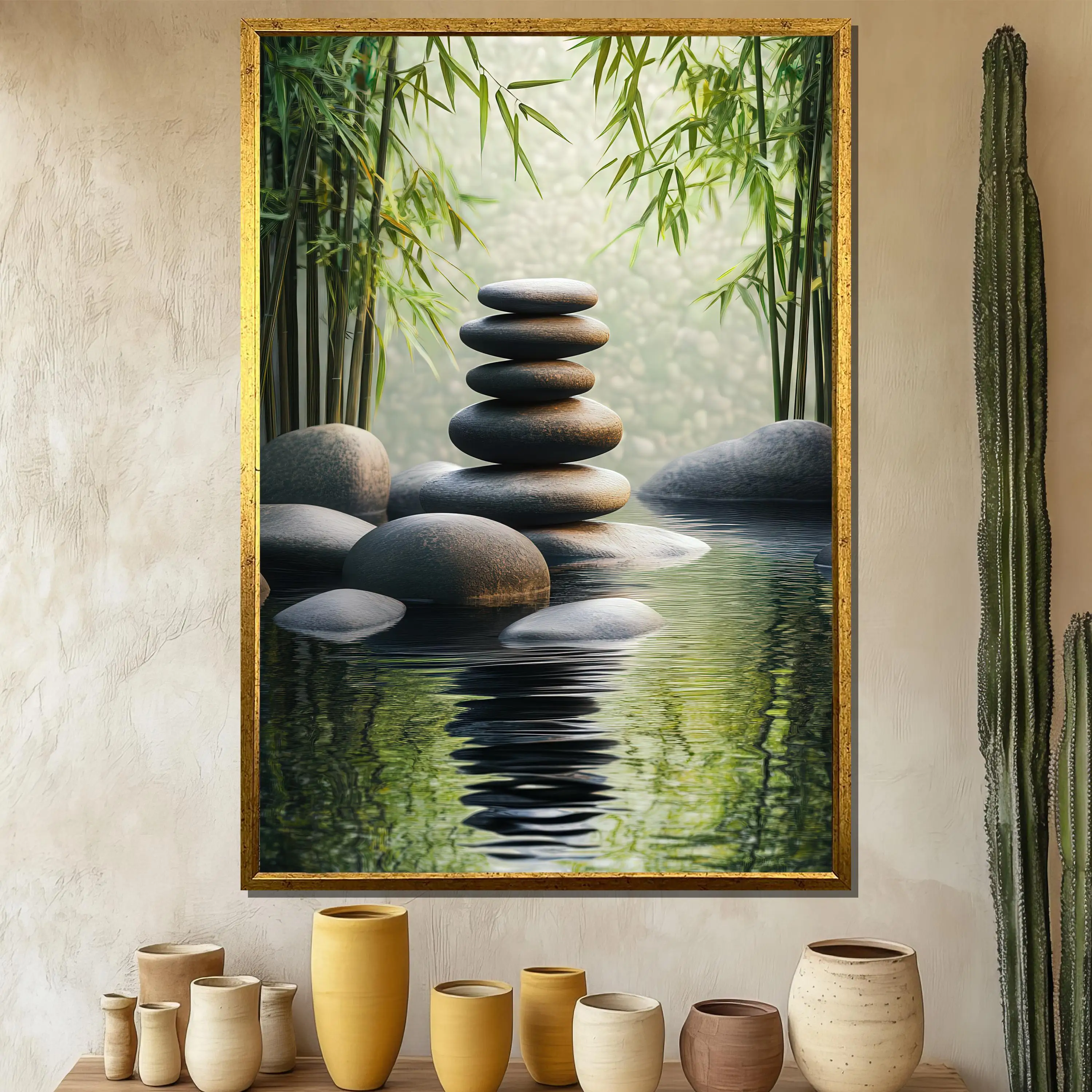Pintura en lienzo de piedras Zen sin marco, arte de pared de bambú tranquilo, decoración de sala de meditación de Spa, obra de arte inspirada en la naturaleza, hogar relajante