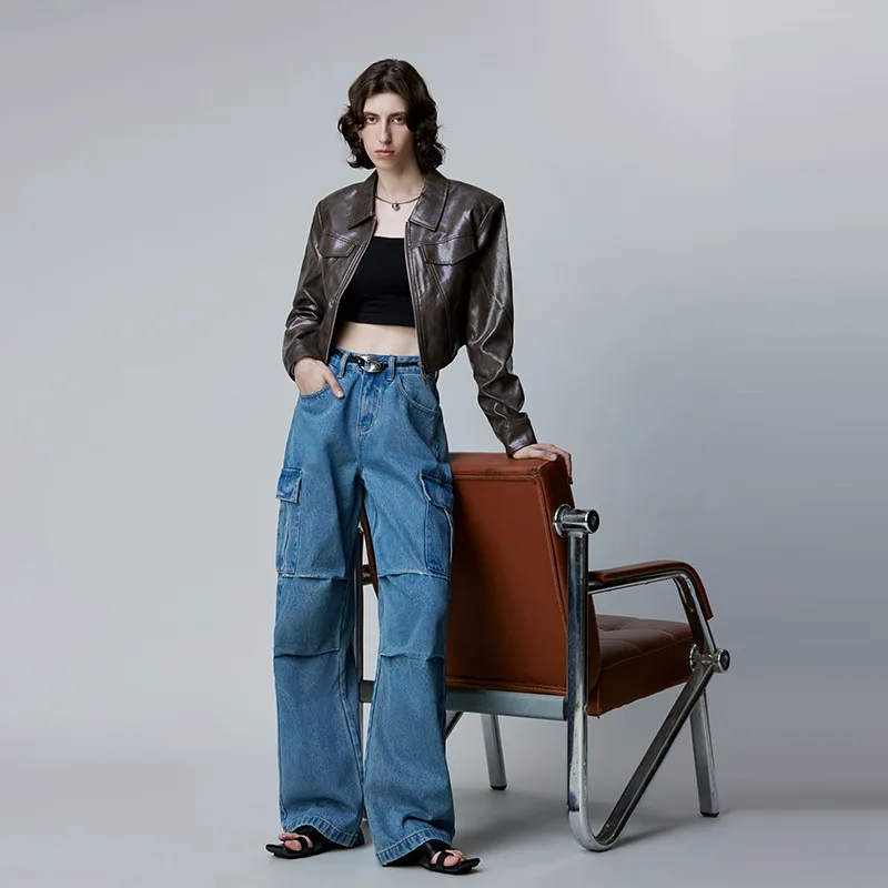 

Новинка 2025 года, женская рабочая одежда, джинсовые джинсы на весну и осень, свободный крой, спортивные джинсы-карго с несколькими карманами в американском стиле, хлопковые