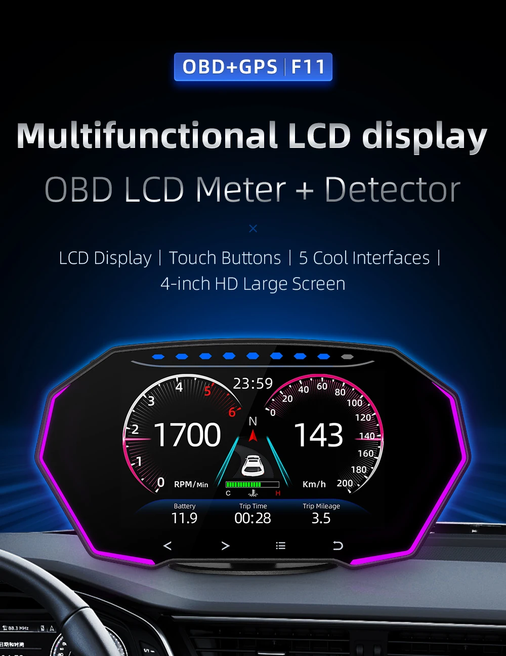 Hud Obd2 Multi Function Alarm - With multi-alarms F11 Car OBD2 Gauge