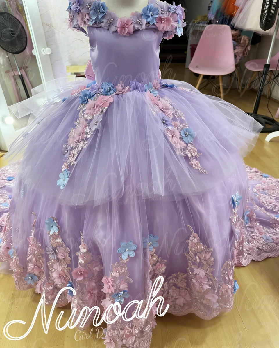 Lavender Flower Girl Dress For Wedding with Trail Floral Bow Lace Applique Girl Birthday Party First Communion Gown Customized