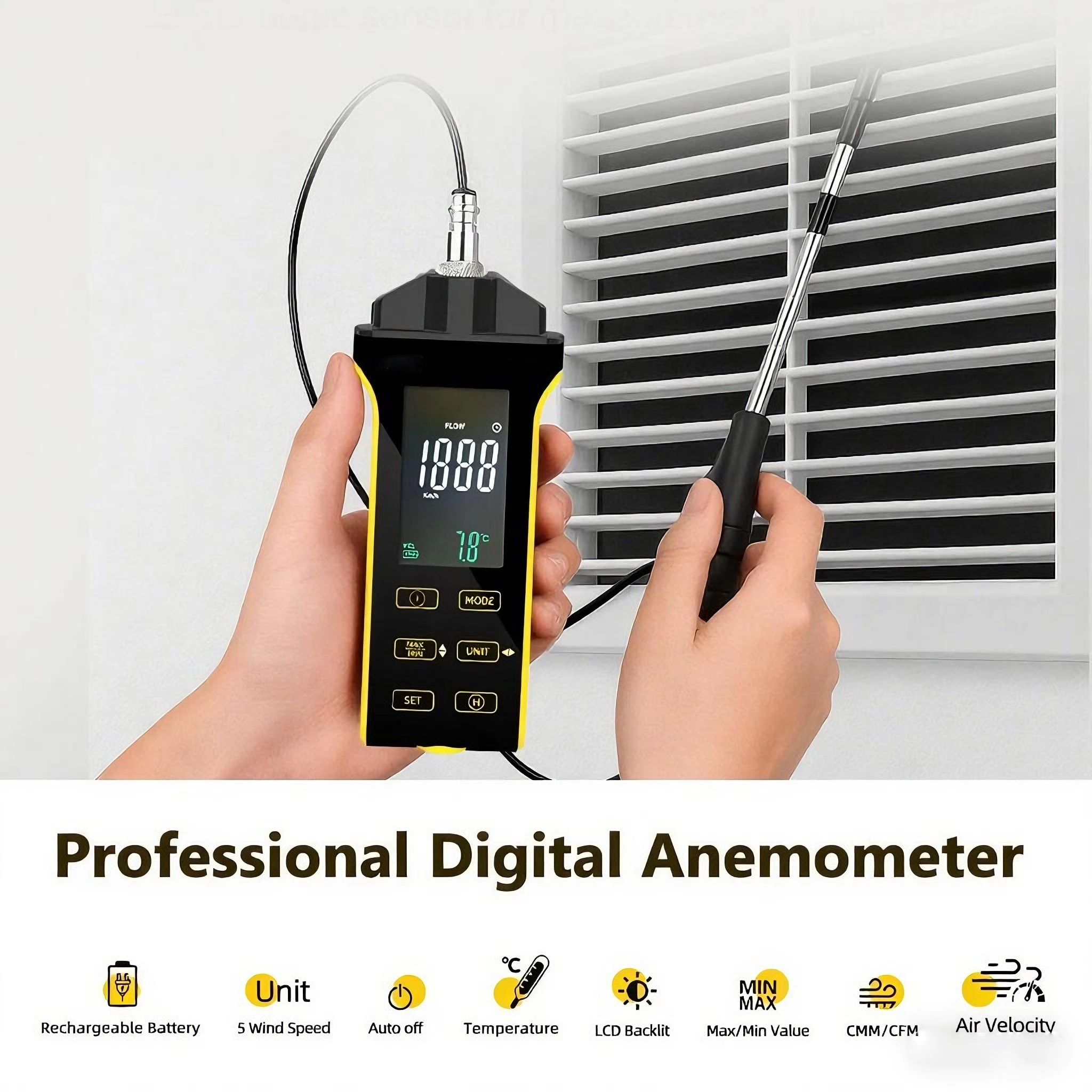 

3-in-1 Handheld Hot Wire Anemometer, Air Flow Velocity Meter (CFM) with USB Data Export, Telescopic Probe, Suitable for Duct