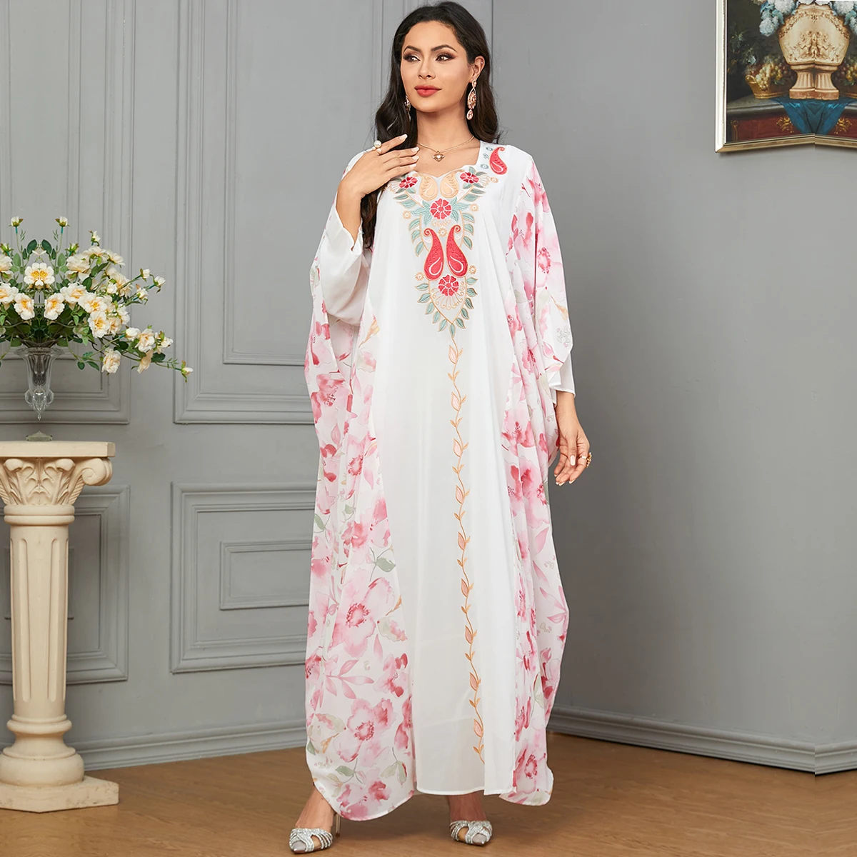 BNSQ Fashion Neckline embroidery Muslim Abaya for Women Patchwork Floral Fabric Casual Moroccan Kaftan Dubai Turkey Long Robe