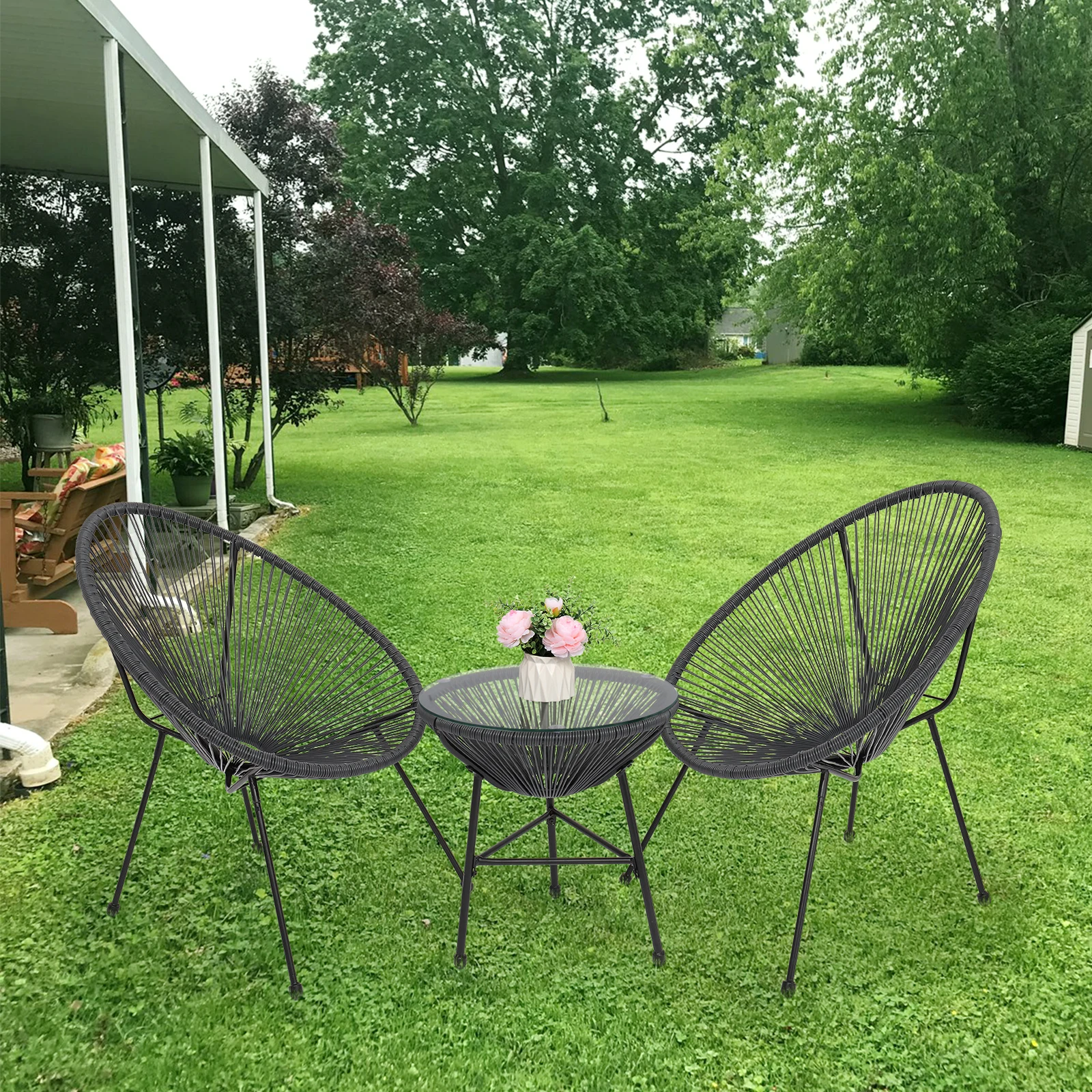 3 Piece All Weather Terrace Acapulco Bistro Furniture Set with 2 Chairs and Glass Top Grey for Garden Backyard Lawn Balcony