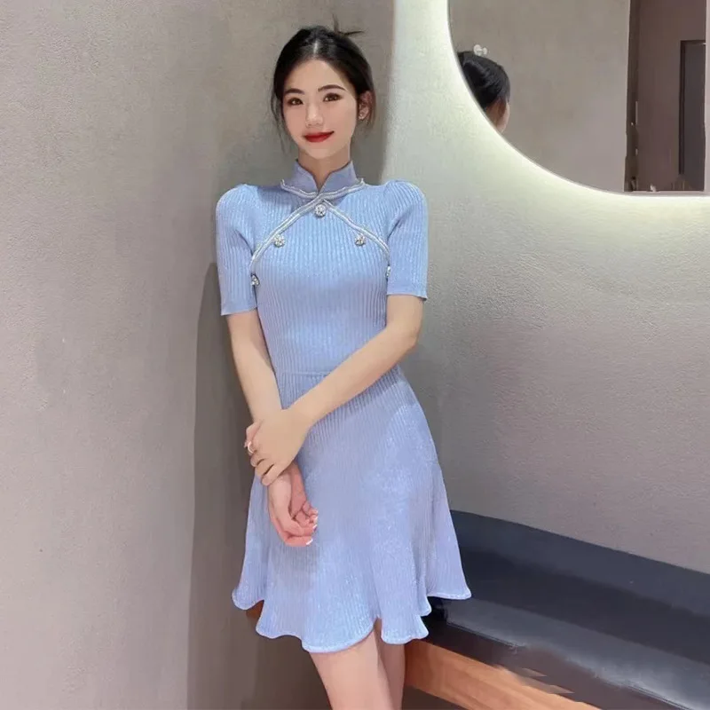 2023 Spring Summer Women Blue Knit Mini Dress New Chinese Style Stand Collar High Waist Slim Thread Knitted Short Dresses