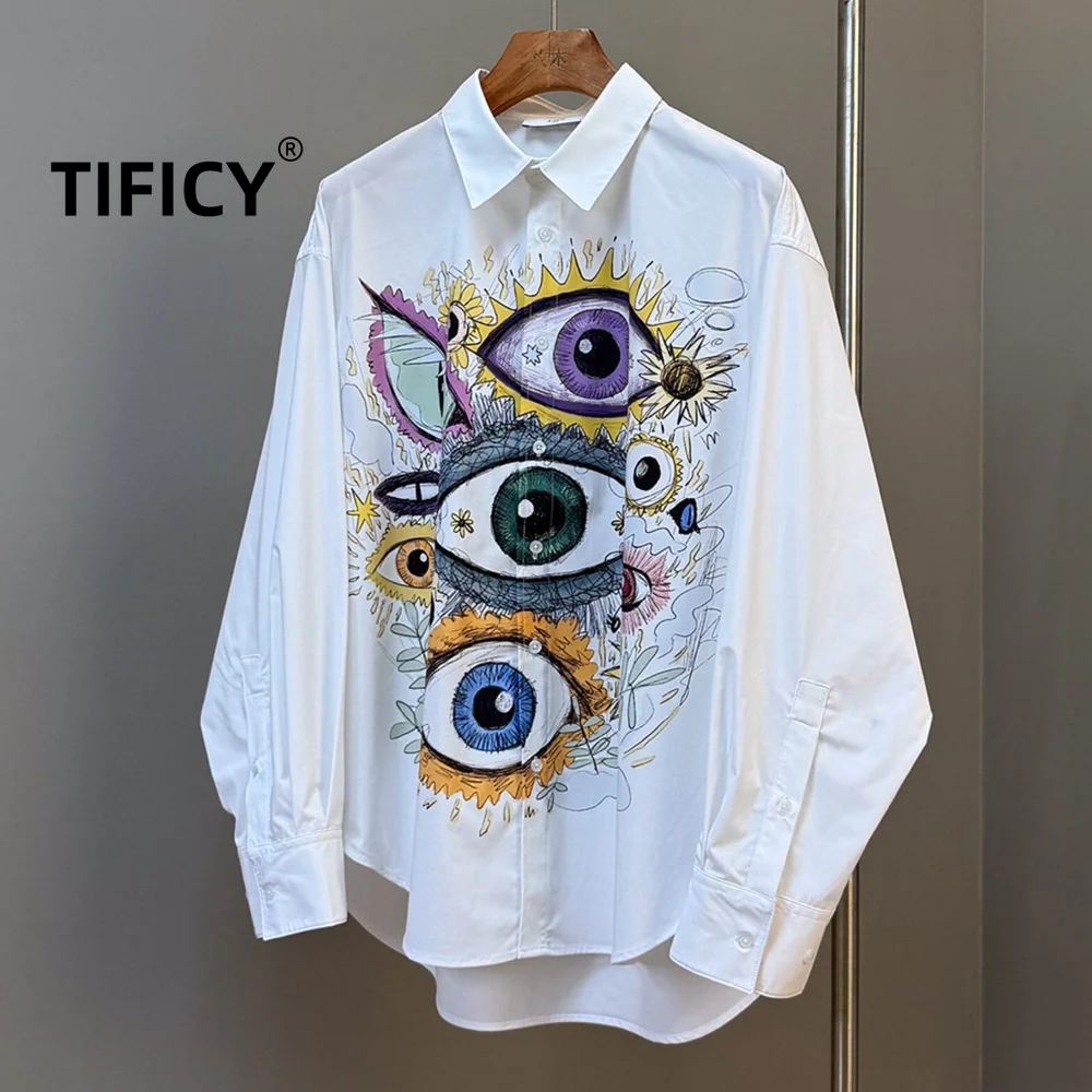 

High Street Shirts Spring New Men's Long Sleeved White Casual Shirt Loose Printed Fashion Shirt