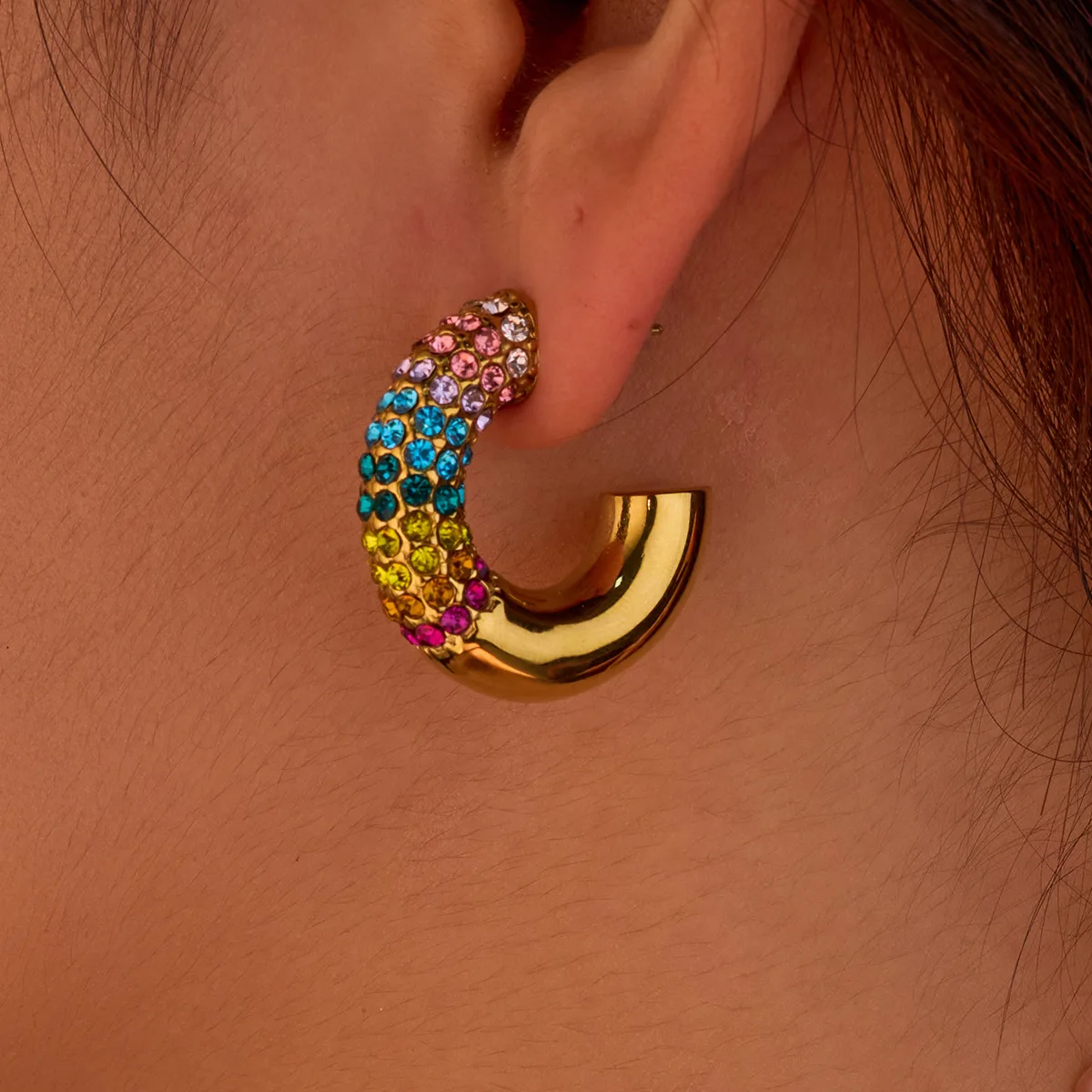 Retro Personality Colorful Zircon C Shape Stud Earrings for Women Charm Gold Color Stainless Steel Crystal Dangle Jewelry Gift