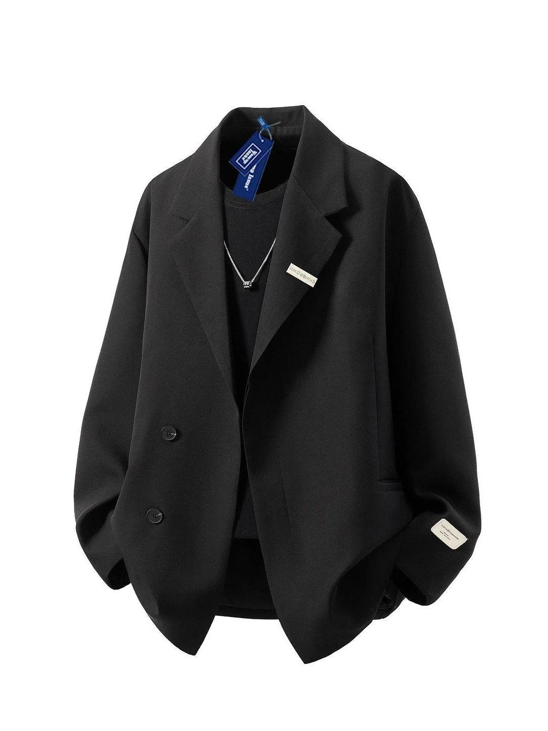 

Casual Korean Sle Bla Suit Jaet Men's Loose Fit Spring Autumn High Waist Trousers Button Design Polyester Cotton Blend