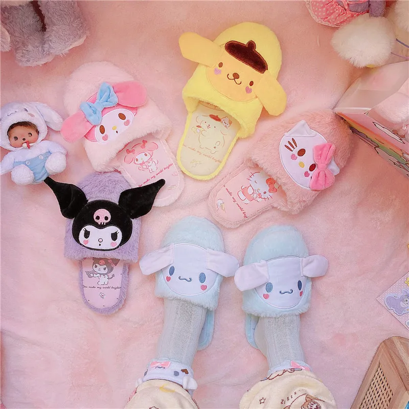 Cartoon Japanese Anime Slippers Lolita Girl Warm Plush Home Slippers Lady Indoor Kawaii Flat Non-slip Gifts Lovely Pink Blue