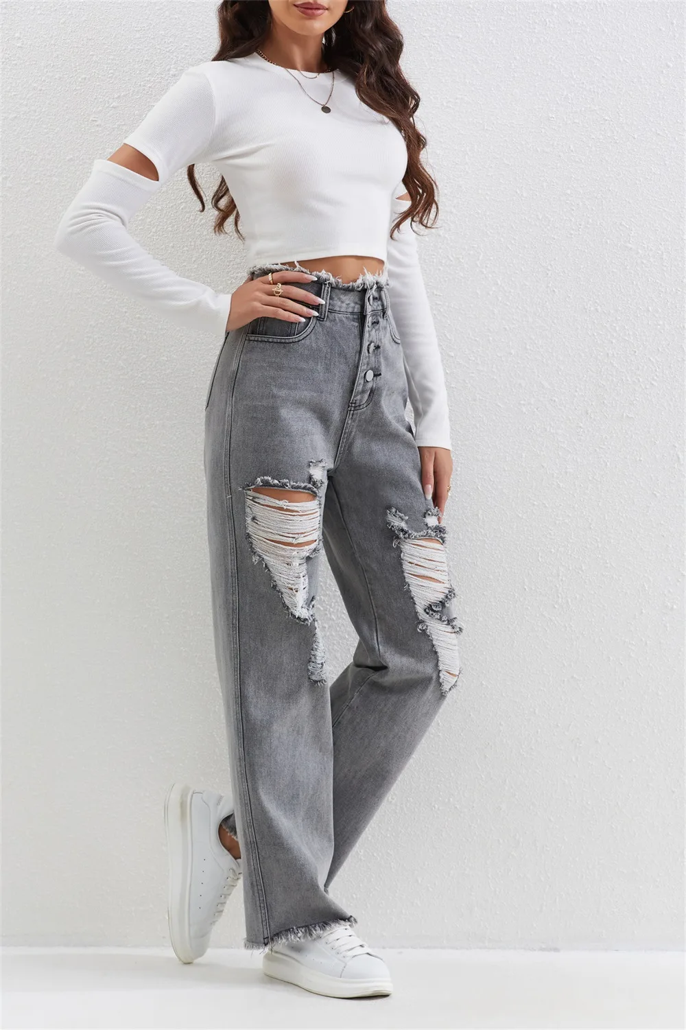 Women's Denim Pant Grey Wash Ripped Straight Jeans Women