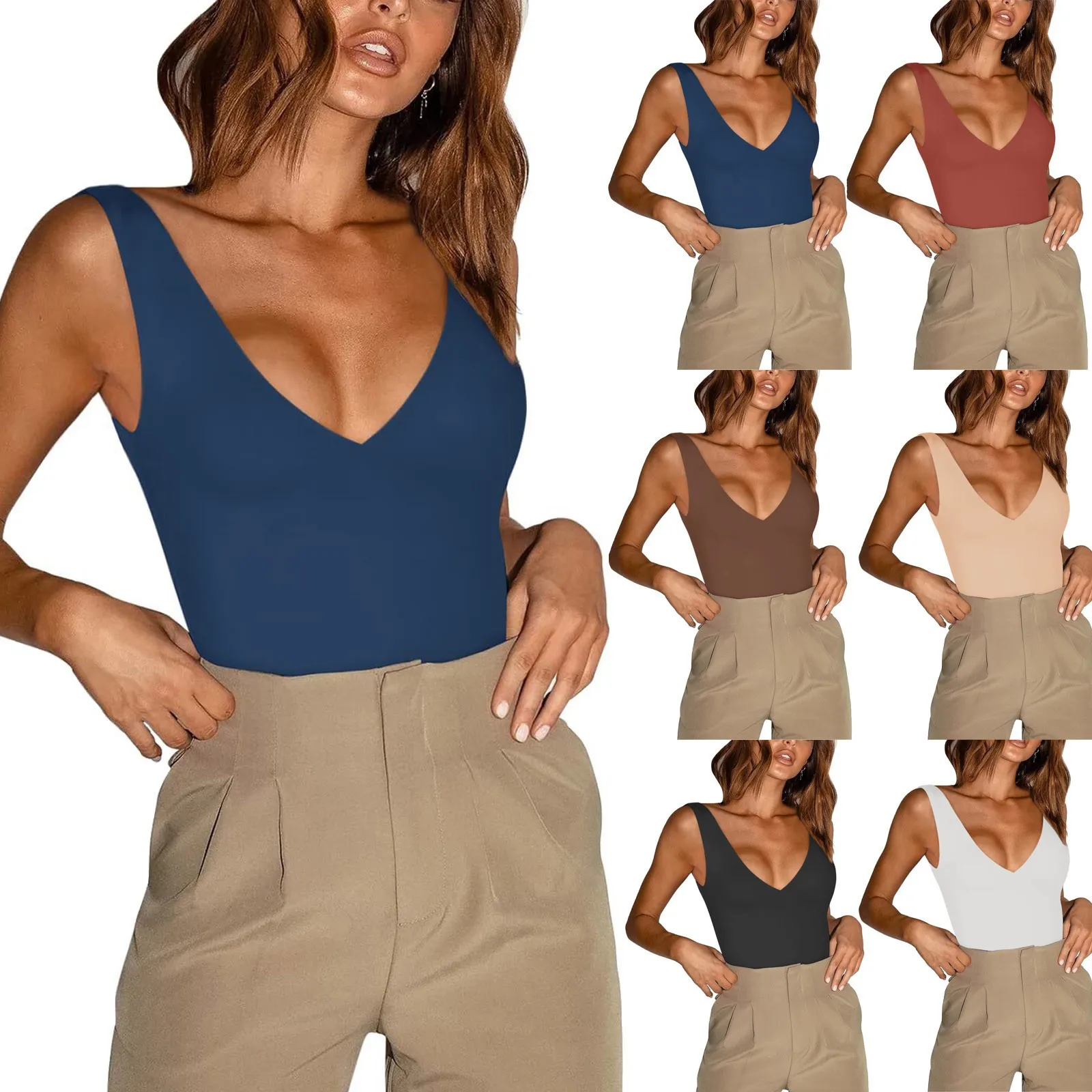 تي شيرت نسائي مثير بقصة ضيقة ورقبة على شكل V وحمالة رقبة، قطعة علوية أنيقة بلون واحد وبدون ظهر وأكمام قصيرة من البوليستر للصيف #3