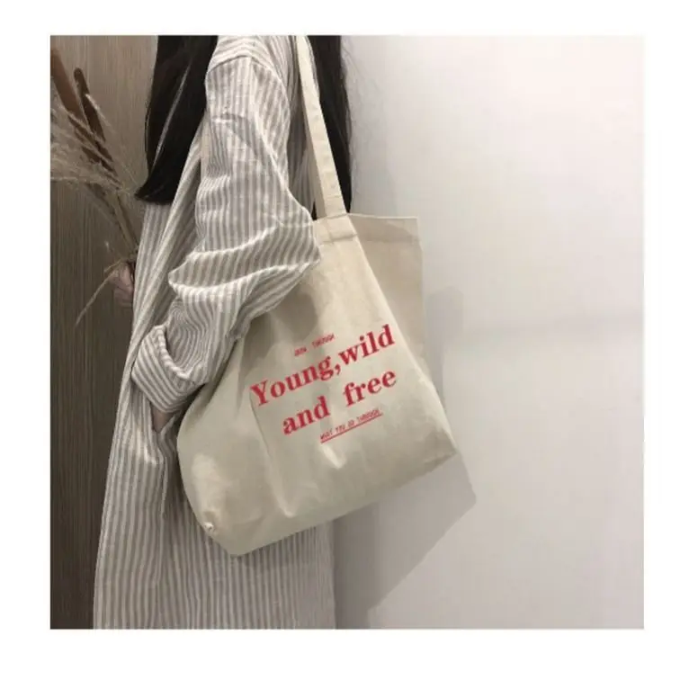Women's New Zipper Canvas Tote Bag Korean Retro Minimalist Artistic Letter Large Capacity Shopping Bag