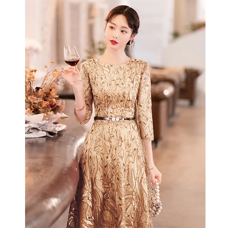 Gold Evening Dresses For Mother Of The Bridal Elegant Modest Round Neck A-Line Tea-Length Sequin Wedding Guest Dresses