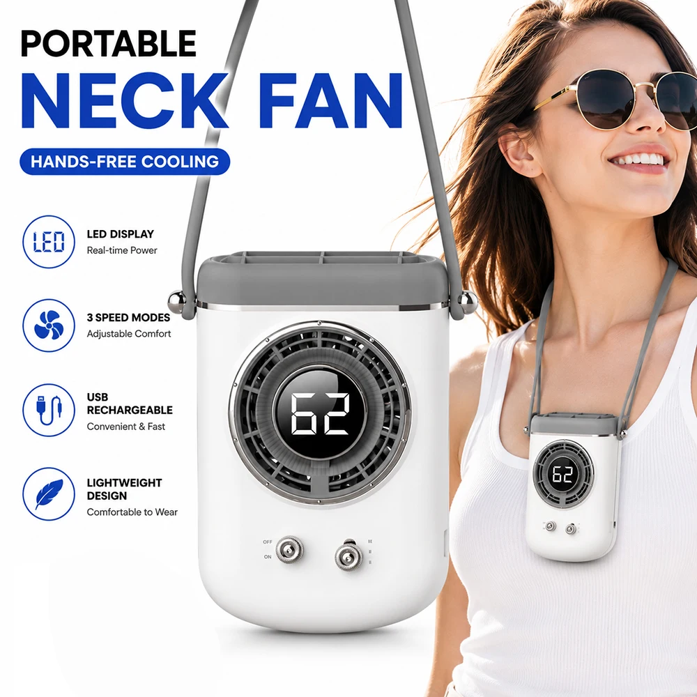 Tragbarer, wiederaufladbarer Nackenventilator mit LED-Anzeige, 3-stufiger persönlicher Kühlventilator, freihändig tragbarer Ventilator