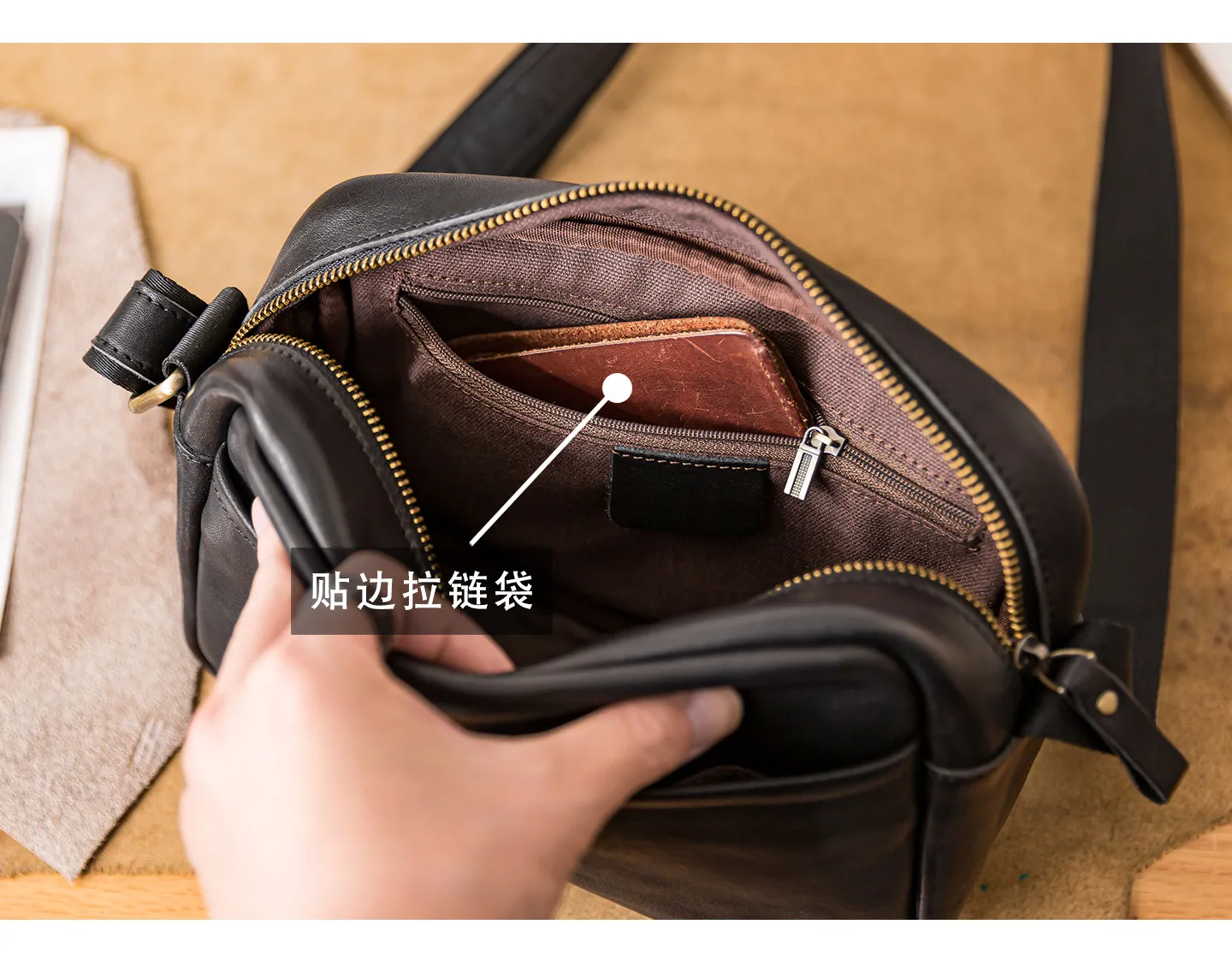 Vintage Luxus handgefertigte Umhängetasche aus erstklassigem Rindsleder für Herren, Arbeits-Umhängetasche, Wochenend- und Reisetasche, Designer-Echtleder-Messenger-Tasche in Schwarz. – Detail 4