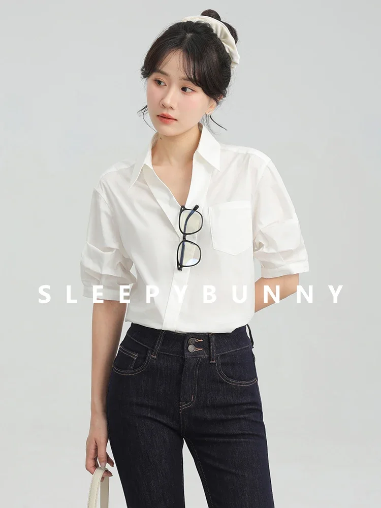 قميص أبيض بأكمام منتفخة بلوزة مكتب صيفية فضفاضة بأزرار سفلية مع ياقة وجيب ملابس عمل يومية غير رسمية #2