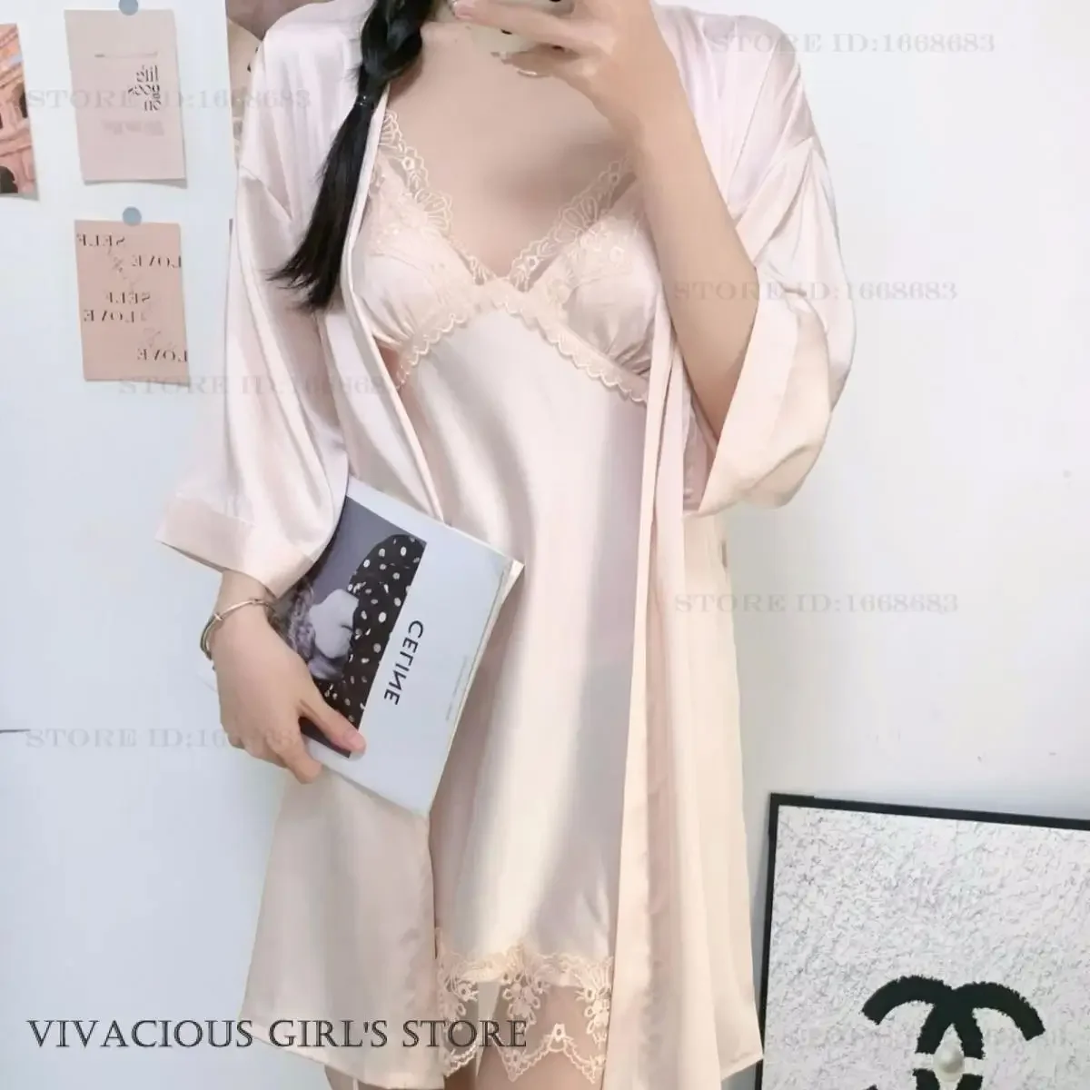 

Женская одежда для сна, комплект-двойной халат, домашний халат, сексуальная кружевная ночная рубашка, нижнее белье, свободная повседневная шелковистая атласная ночная рубашка, одежда для дома