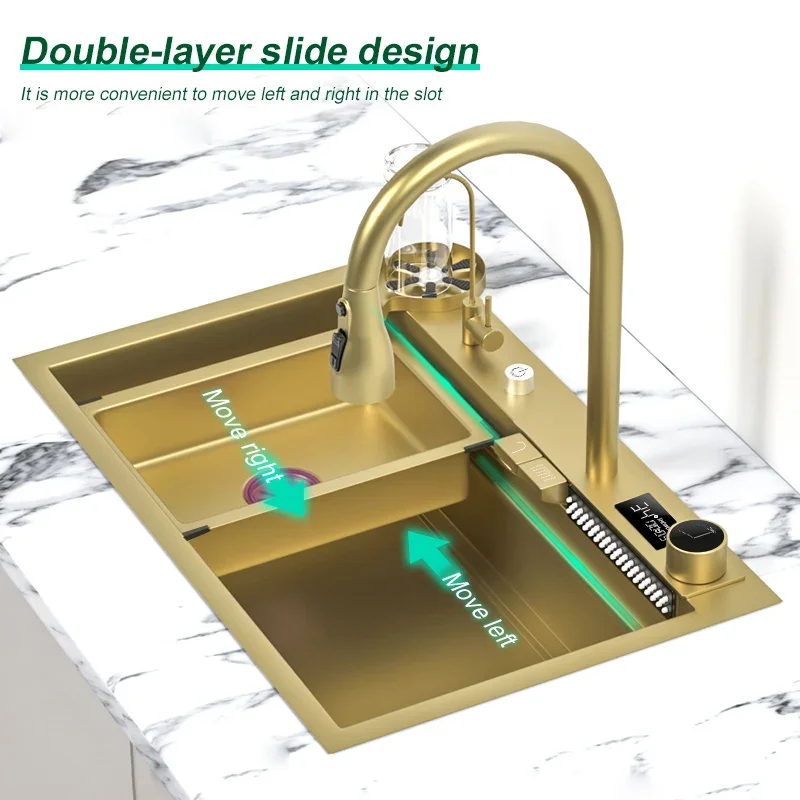 Waterfall Kitchen Sink Gold Stainless Steel Sink Multifuctional Sink Waterfall Faucet kitchen Accessories For Kitchen Decoration