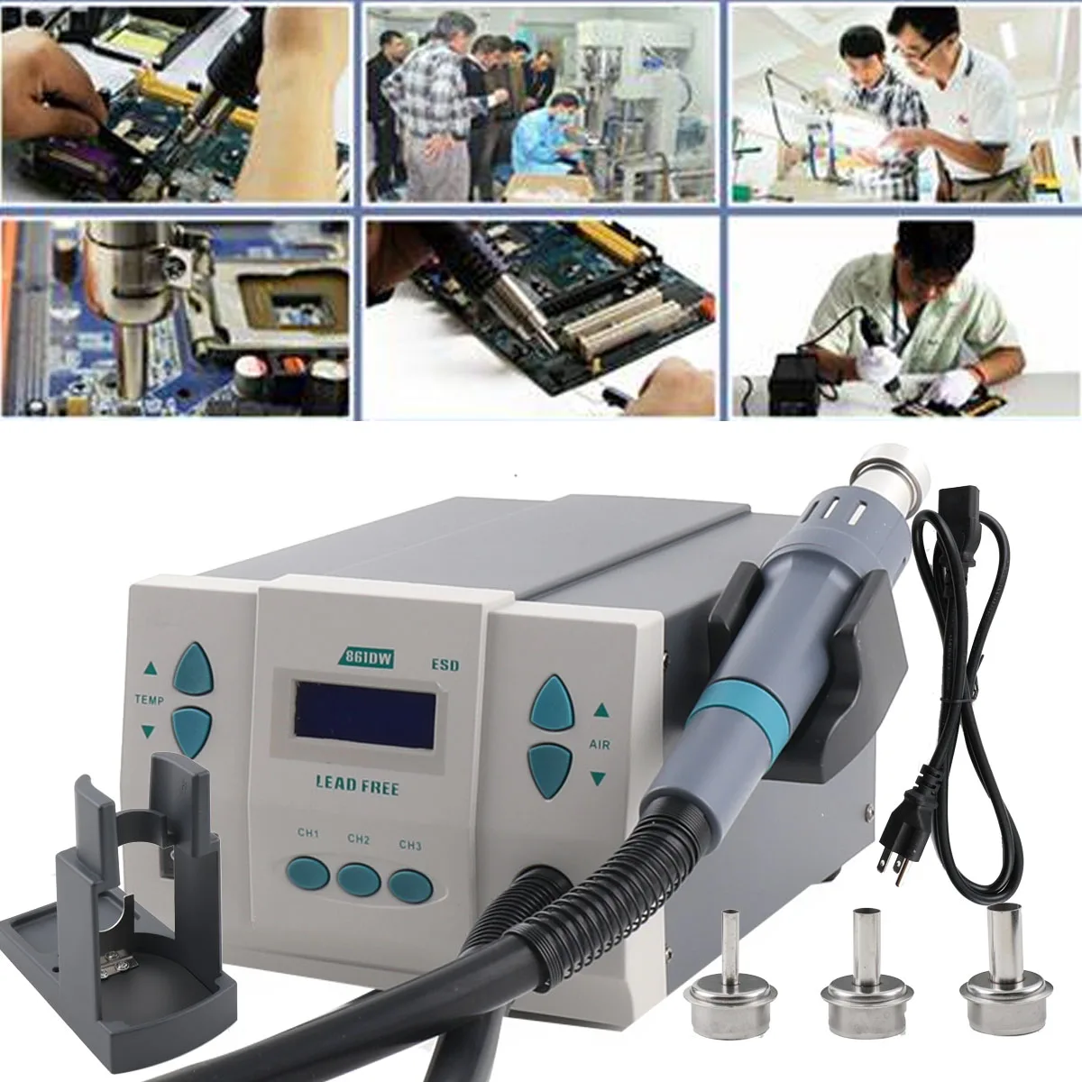 1000W Hot Air Rework Station Electric Soldering Irons Digital Display Hot Air Gun + 3 x Air Nozzles -Temperature Range 100℃~500℃