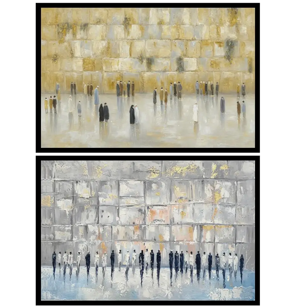 Large Jerusalem Kotel Canvas Prints Abstract Grey Blue Wall Dense Black Crowd Jewish Home Decor for Living Room Home Office