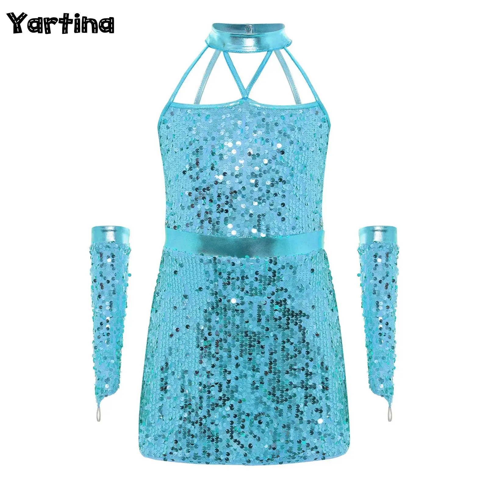 

Детский костюм для выступлений в стиле хип-хоп, джаз, костюм с лямкой на бретельках сзади, невидимая молния, сверкающее платье с блестками и перчатками