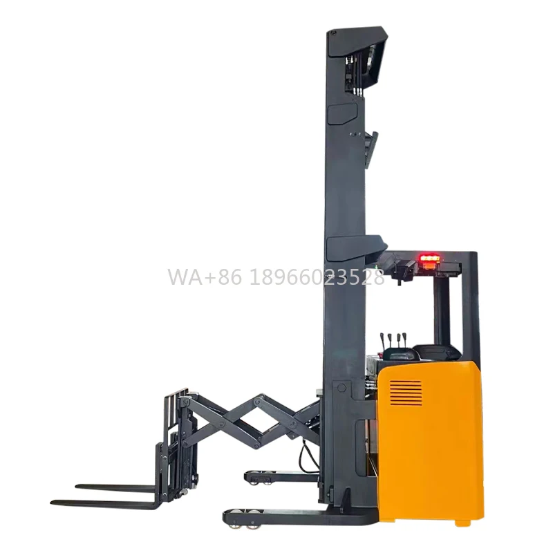 Horquillas de tijera dobles tipo camión de alcance 1,5 toneladas carretilla elevadora eléctrica apilador grúa elevación pasillo estrecho alcance camión maquinaria