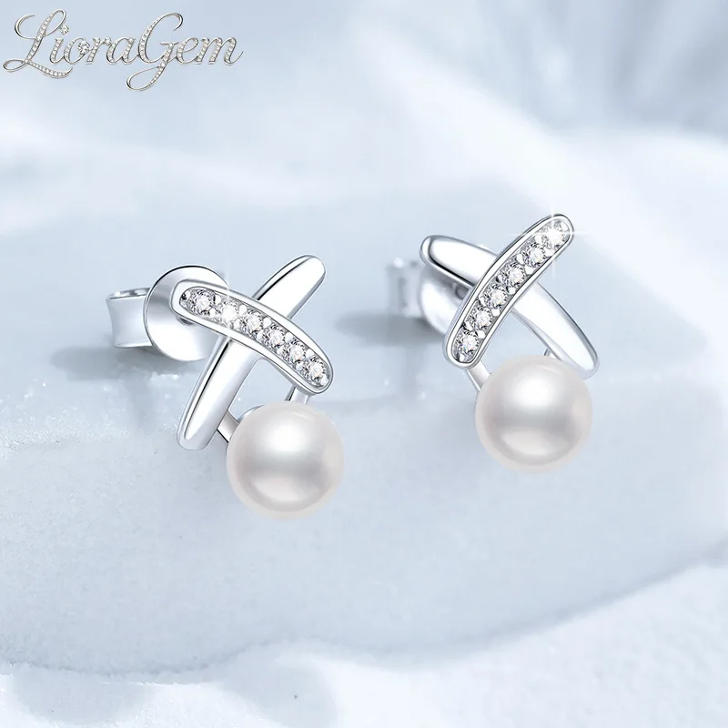 

LioraGem 6mm Freshwater Pearl Stud Earrings for Women, X-shaped Moissanite Ear Stud Platinum PT950 Stamp Party Charm Jewelry