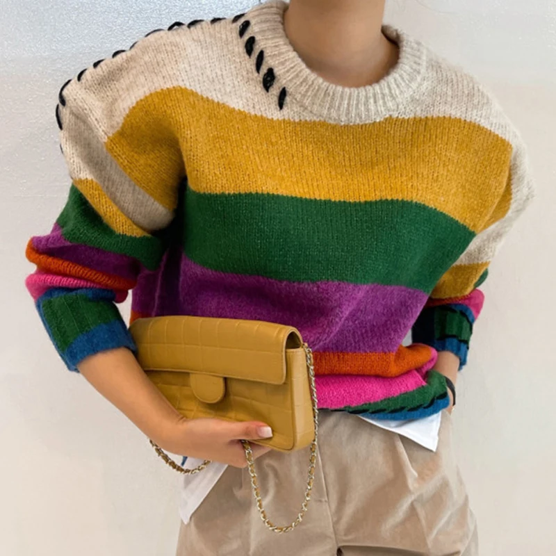 Chic Vintage Contrast Oversized Sueter Fairy Grunge Pullover O Neck Rainbow Sweaters Winter Striped Knitting Sweater Women