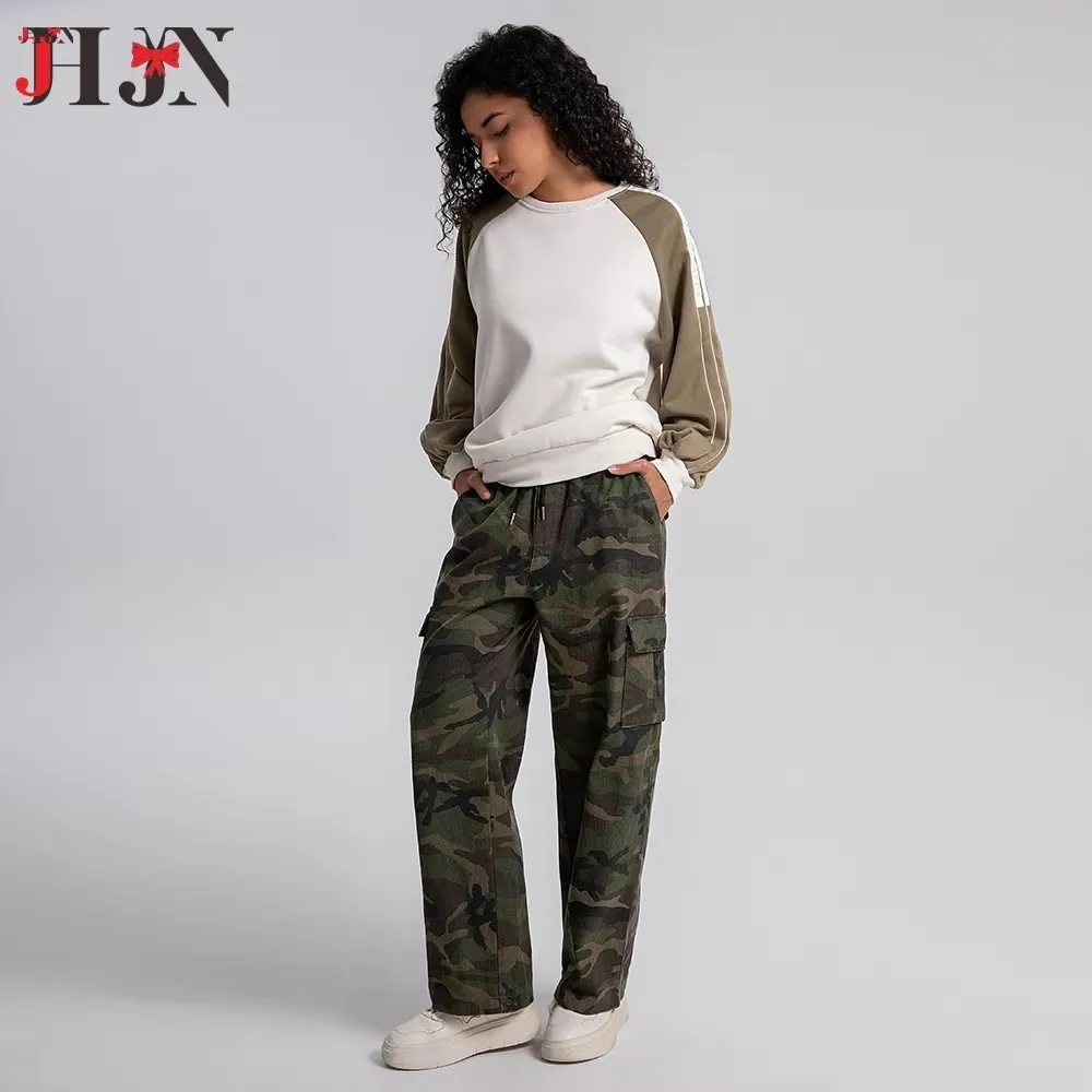 JHJN pantalones casuales holgados con bolsillos grandes para hombres y mujeres estilo americano Vintage Hip Hop camuflaje pantalones Cargo de pierna ancha