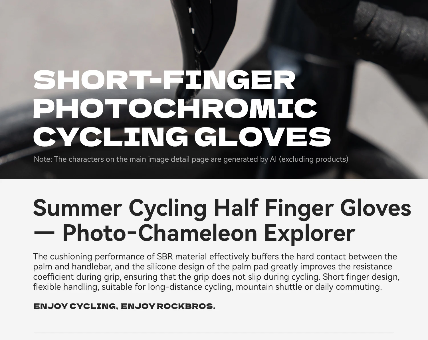 ROCKBROS Fahrradhandschuhe für Männer und Frauen, Sommer, atmungsaktiv, halbe Finger, rutschfest, SBR, stoßfest, photochromatische Fahrradhandschuhe – Detail 2