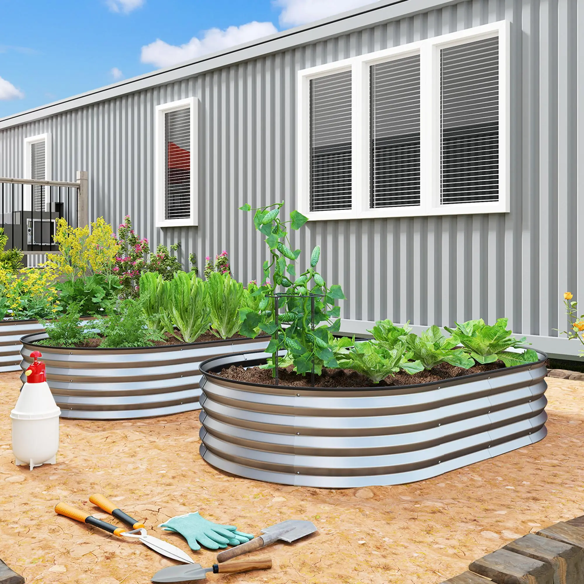 Lote de 2 Jardinieras Elevadas Galvanizadas de 152x91x30 cm con Soportes Metálicos y Junta de Goma Plateada